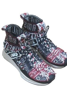PUMA X JAHNKOY Embellished Knit High-Top Sneakers in Black & Red